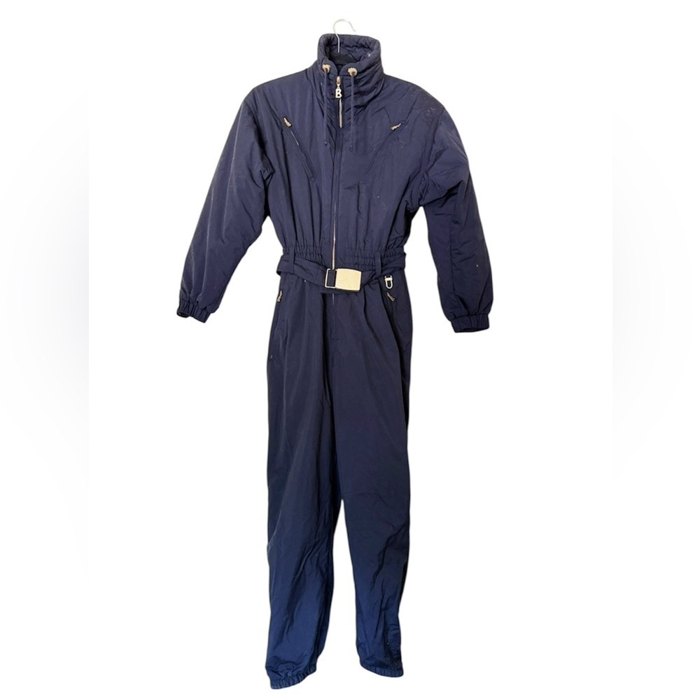Bogner Vintage One-Piece Ski Suit Navy Blue Gold Hardware Belted Pockets